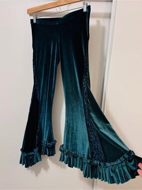 Whimsigoth Pants Velvet Lace Flare Pull On Size S Blue Green Regency Vamp Boho